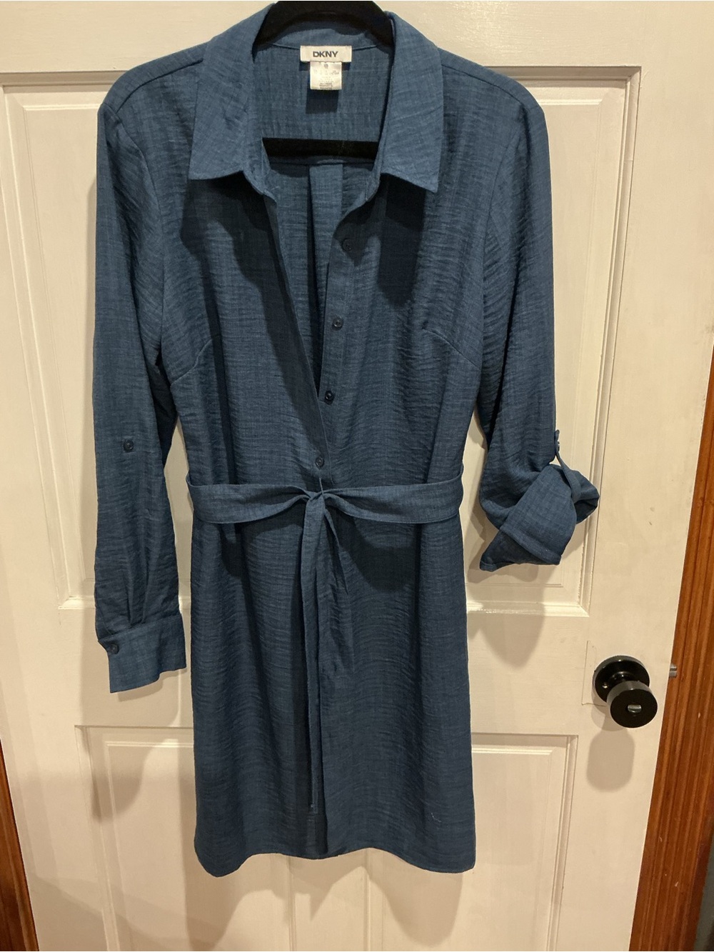 DKNY Slate Blue Button-Front Shirt Dress with Tie Waist